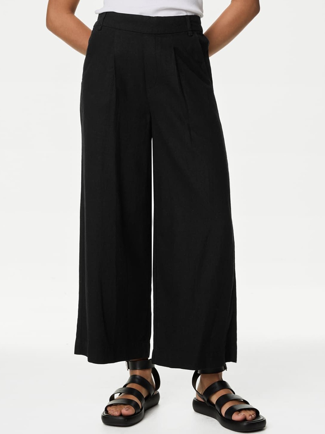 

Marks & Spencer Women Flared High-Rise Pleated Trousers, Black