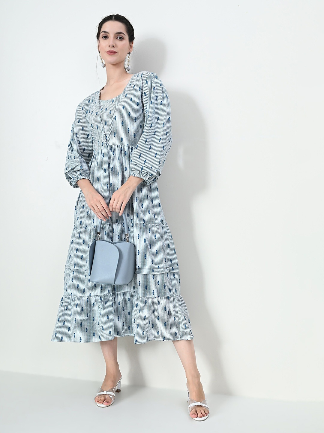 

mrutbaa Striped Tiered Fit & Flare Midi Dress, Blue