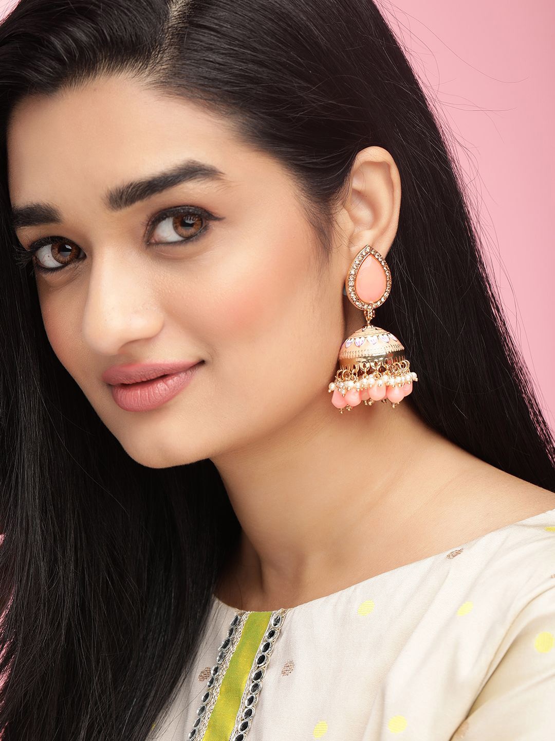 

Rubans 22K Gold Plated Peach Enamel, AD Studded, Pearl Beaded Jhumka Earrings