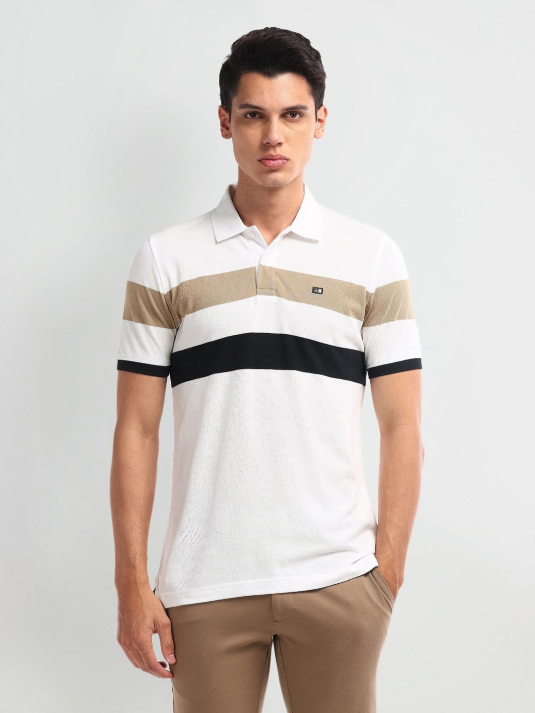

Arrow Sport Men Striped Polo Collar Cotton T-Shirt, White