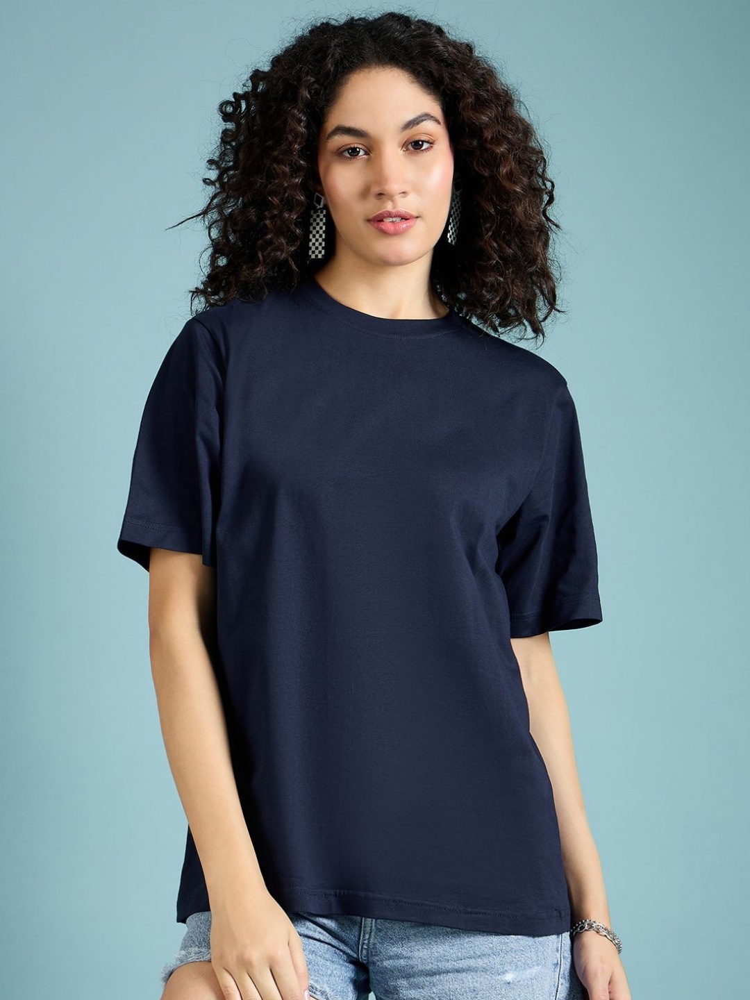 

DressBerry Women Solid Round Neck Cotton Oversized T-Shirt, Blue