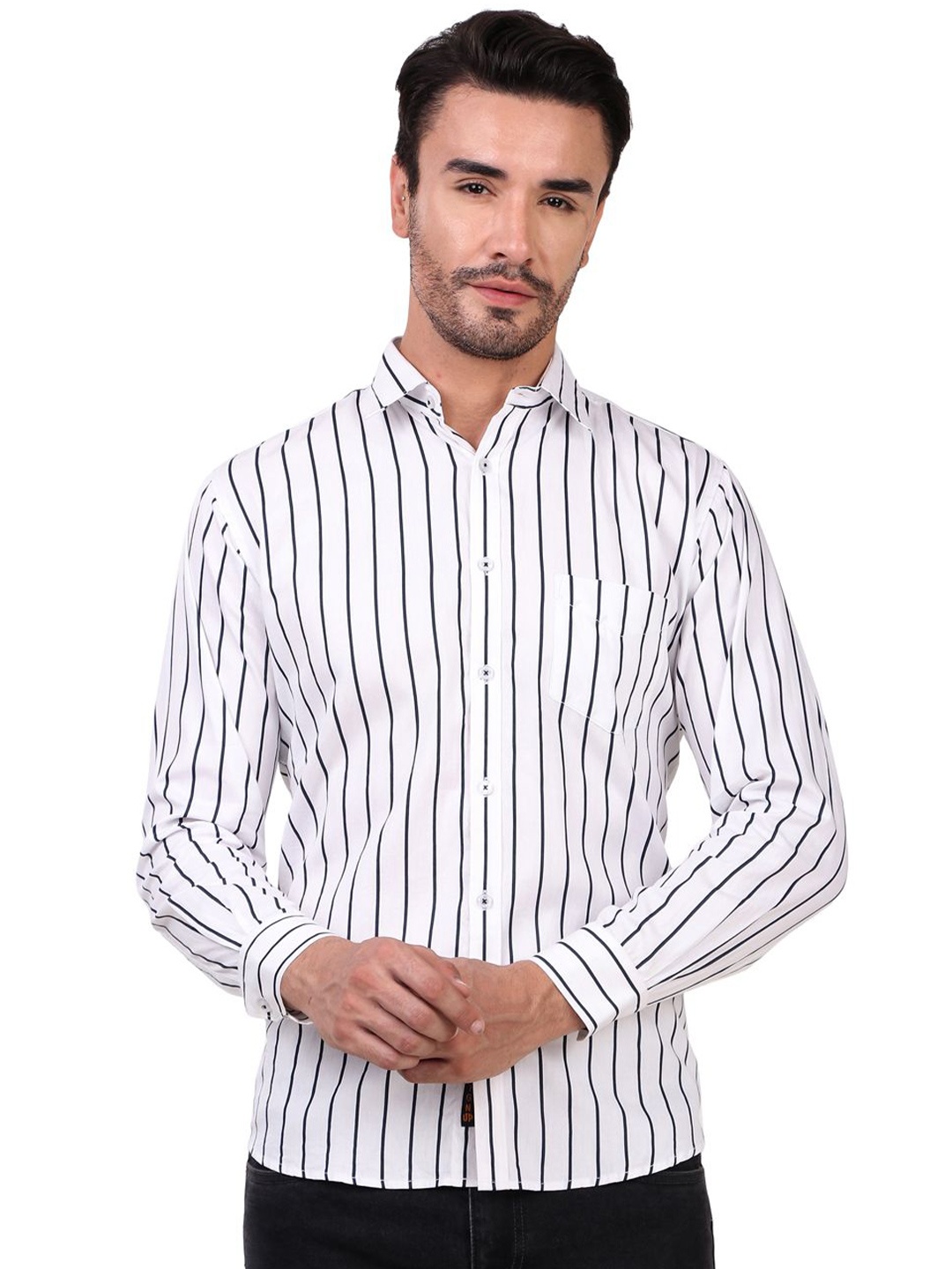 

DESIGN UP Men Classic Spread Collar Striped Cotton Slim Fit Casual Shirt, White