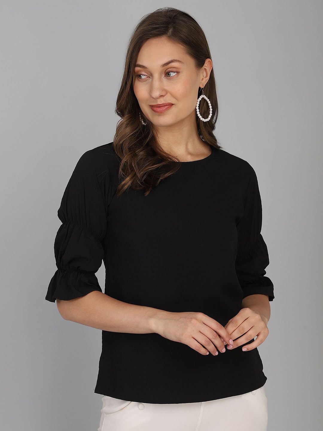 

Murcia Puff Sleeve Crepe Top, Black