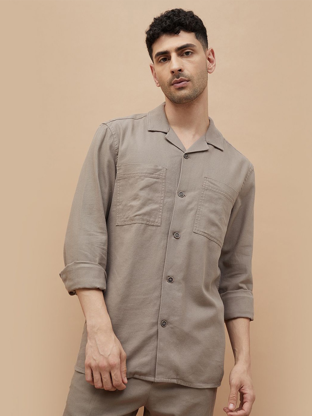 

CODE by Lifestyle Men Cuban Collar Solid Cotton Casual Shirt, Brown