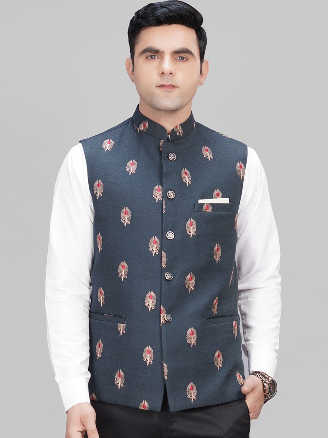 

LA'SCOOT Floral Printed Stand Collar Nehru Jacket, Green