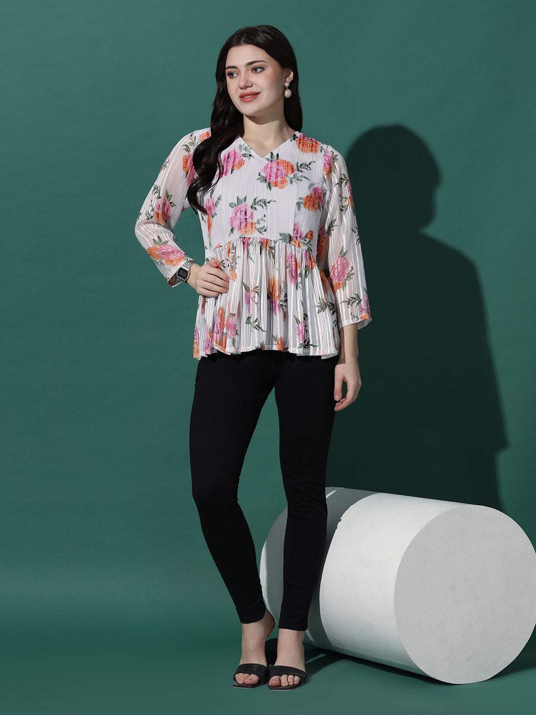 

BAESD Floral Print Georgette Top, White