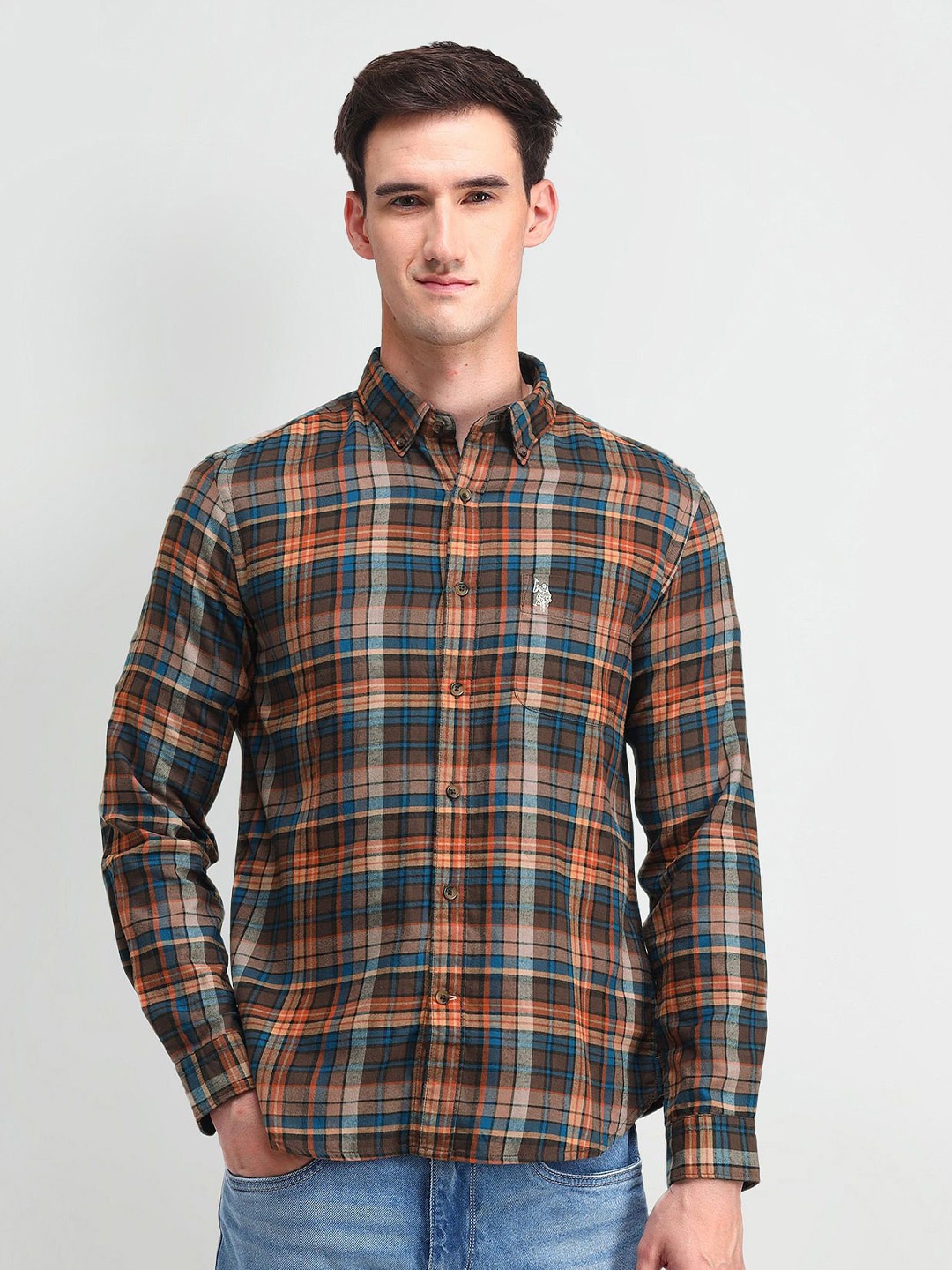 

U.S. Polo Assn. Denim Co. Men Comfort Tartan Checked Cotton Slim Fit Casual Shirt, Brown