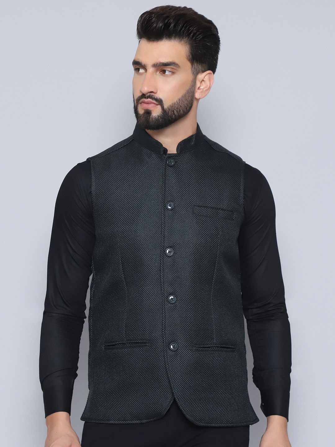 

even Woven Design Nehru Jacket, Green