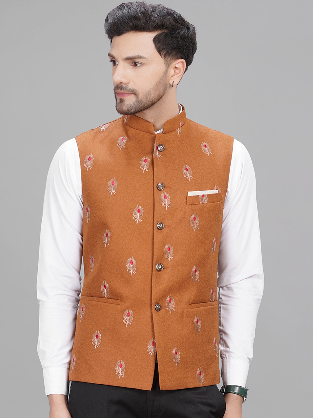 

LA'SCOOT Floral Printed Mandarin Collar Nehru Jacket, Brown
