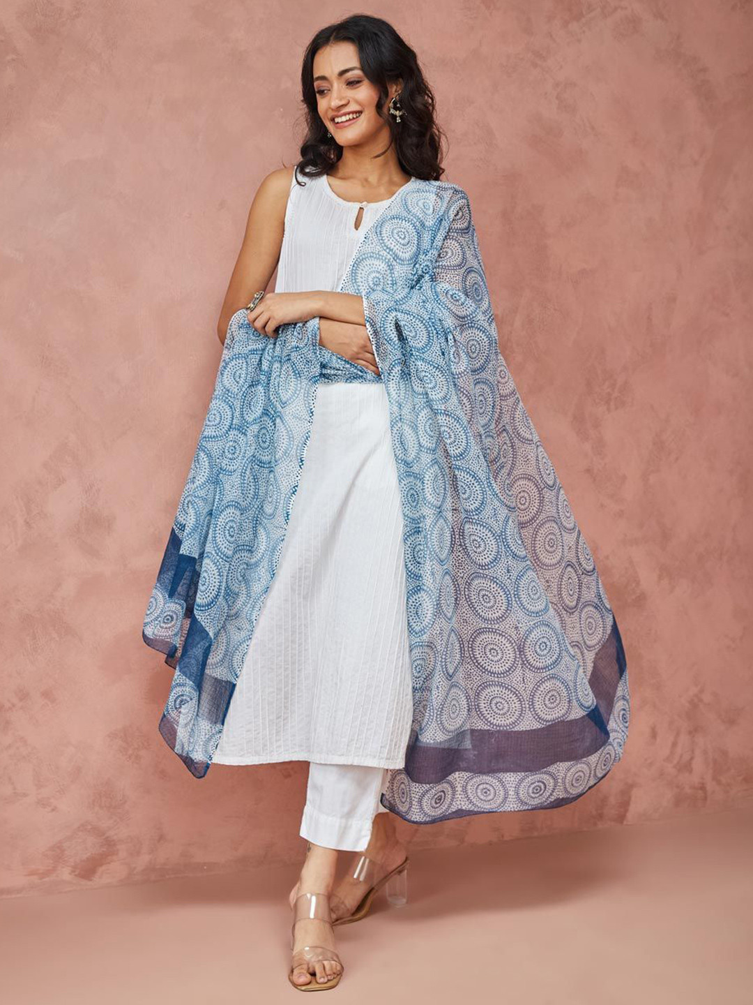 

Fabindia Geometric Block Printed Cotton Silk Dupatta, Blue