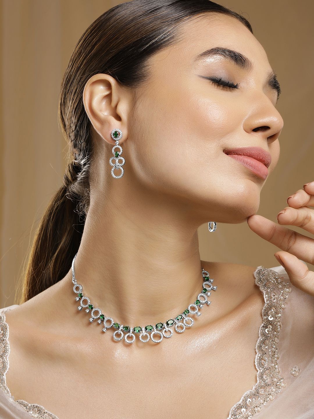 

Rubans Rhodium Plated Emerald & Cubic Zirconia Studded Jewellery Set, Silver