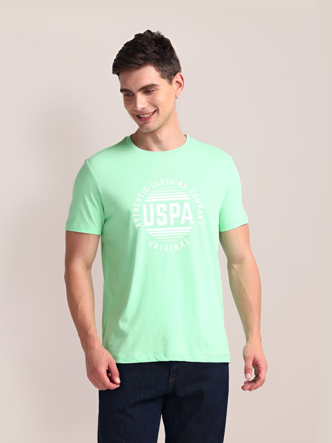 

U.S. Polo Assn. Men Typography Printed Round Neck Cotton Slim Fit T-Shirt, Green