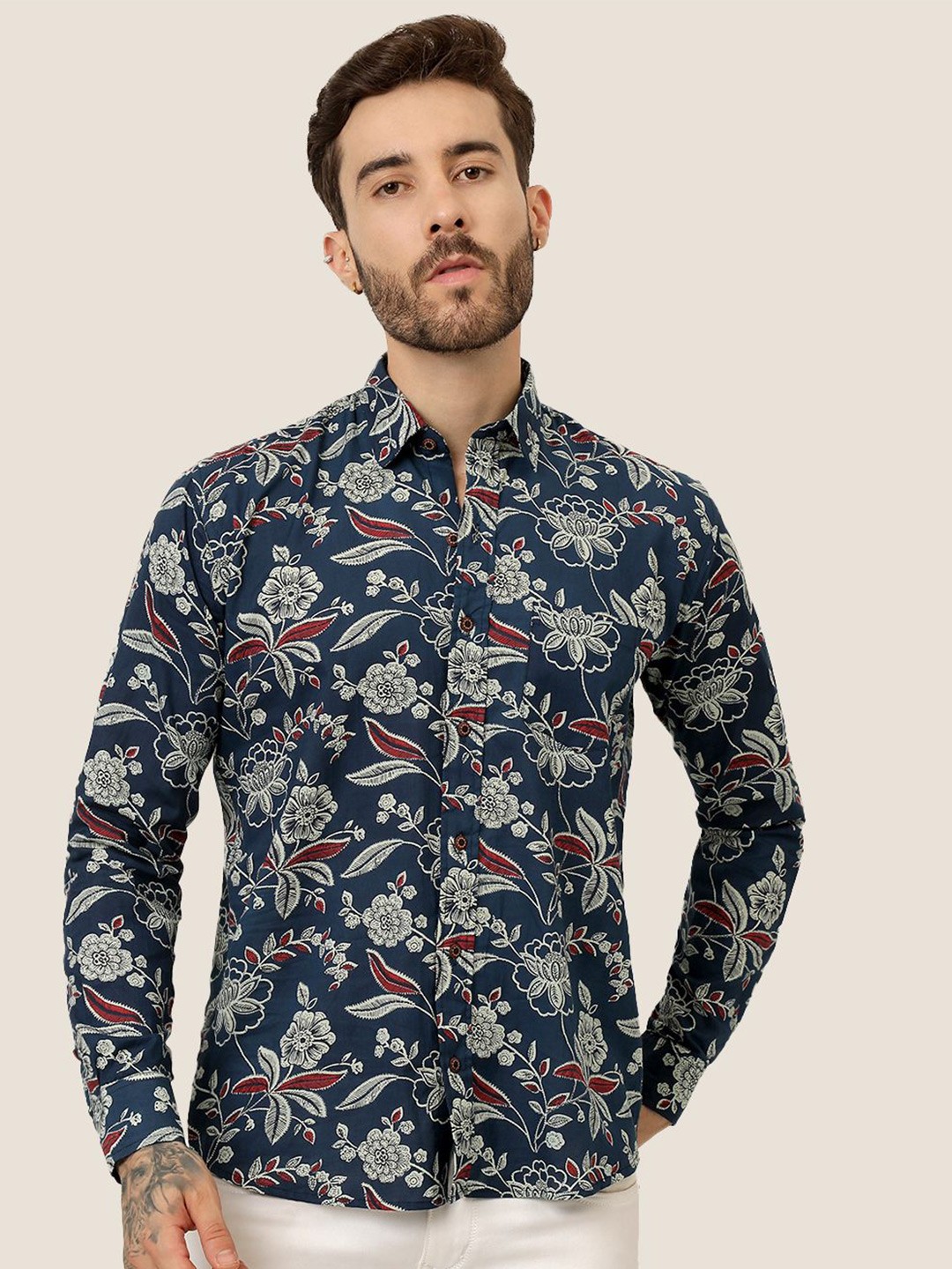

SPS Men Relaxed Spread Collar Floral Printed Cotton Casual Shirt, Blue