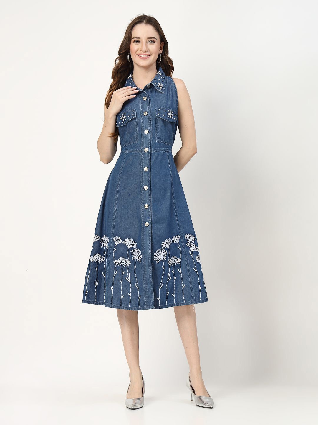 

COSMIC TRIO Floral Embroidered Denim Shirt Midi Dress, Blue