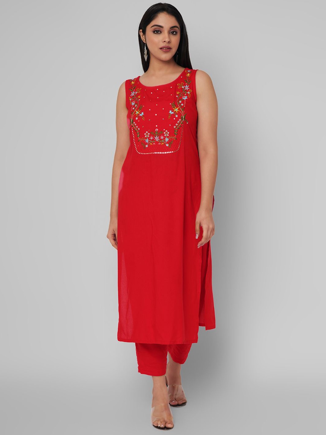 

NYPA Floral Yoke Design Embroidered Mirror Work Pure Cotton Kurta With Trousers, Red