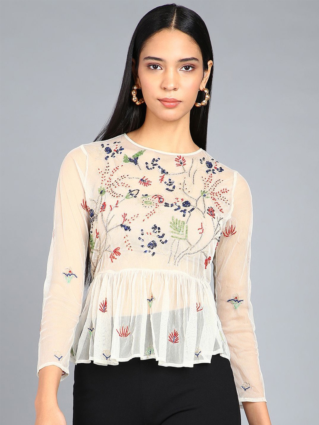 

SAFFE Embroidered Full Sleeve Round Neck Casual Peplum Top, White
