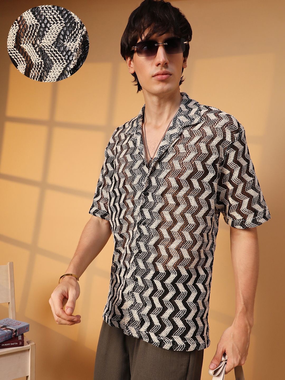 

Campus Sutra Men Comfort Cuban Collar Chevron Printed Cotton Oversized Casual Shirt, Multi