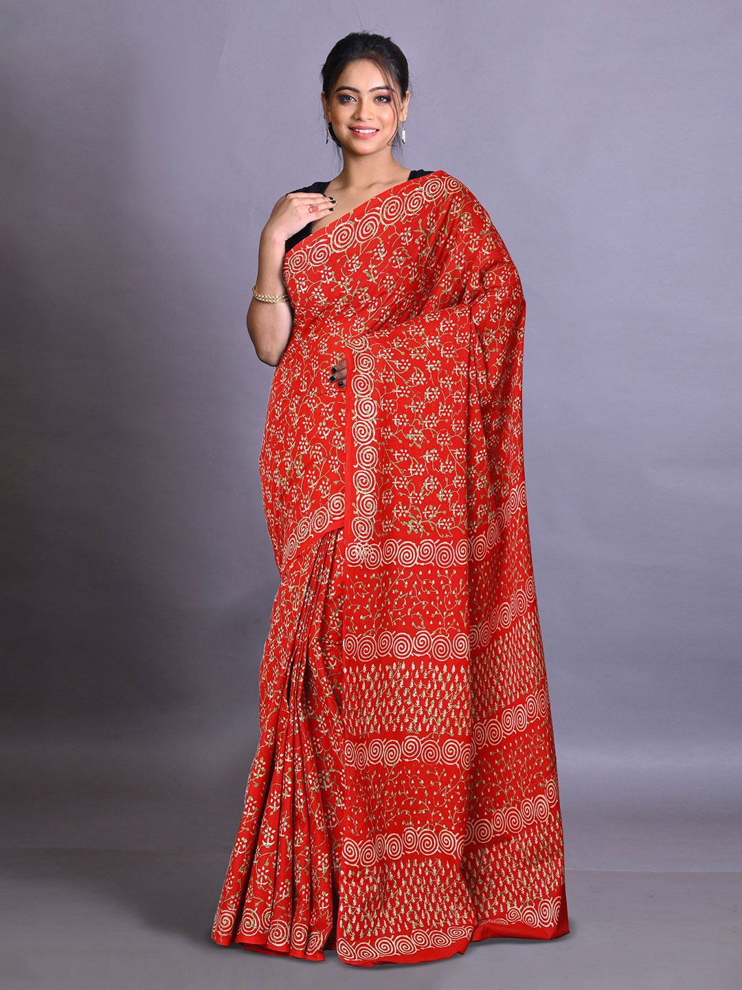 

Unnati Silks Ethnic Motifs Pure Cotton Handloom Block Print Saree, Maroon