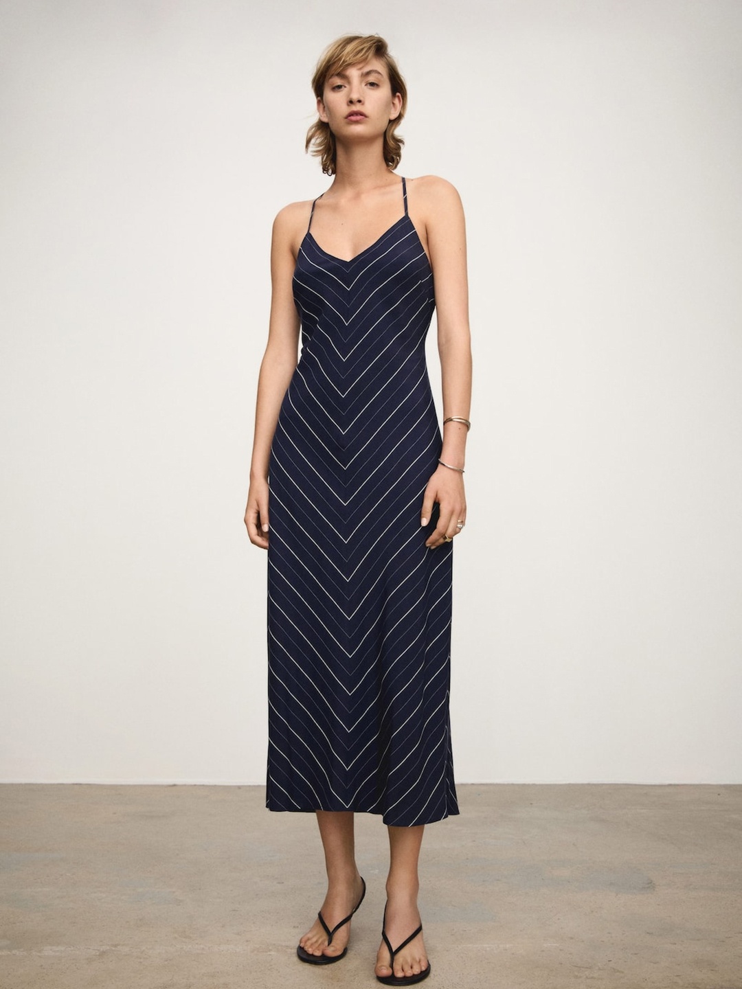 

MANGO Striped A-Line Midi Dress, Navy blue