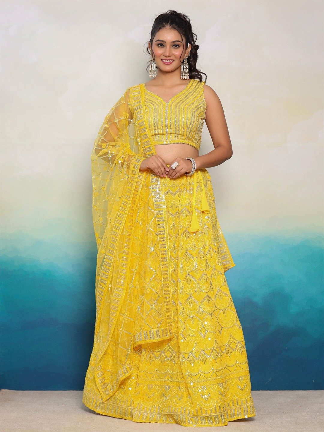

Futra Gabha Embroidered Sequinned Ready to Wear Lehenga & Blouse With Dupatta, Yellow