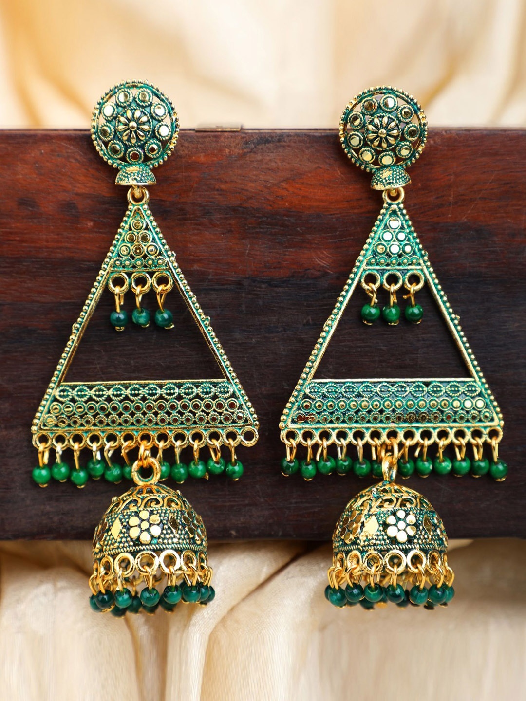 

Anouk Gold Plated Triangular Shape Beaded Enamelled Jhumkas