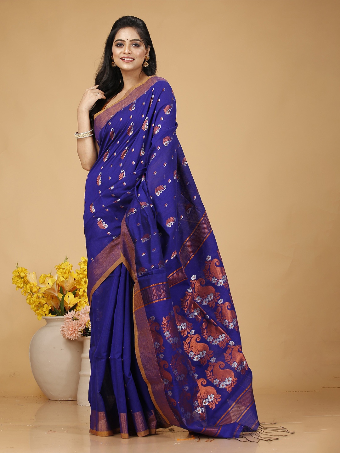 

SLAGHA Ethnic Motifs Zari Taant Saree, Blue