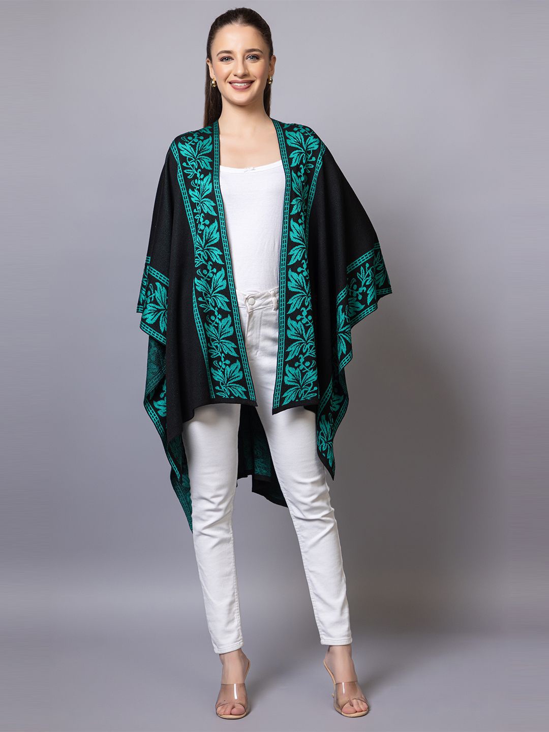 

Anouk Black Floral Printed V-Neck Winter Open Front Shrug