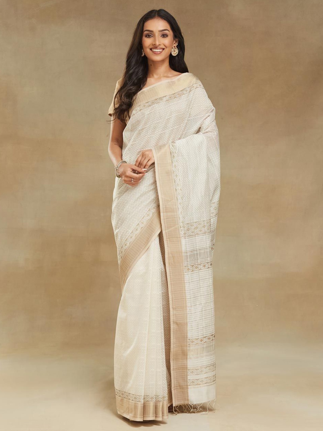 

Fabindia Ethnic Motifs Zari Silk Cotton Ready to Wear Maheshwari Saree, Cream