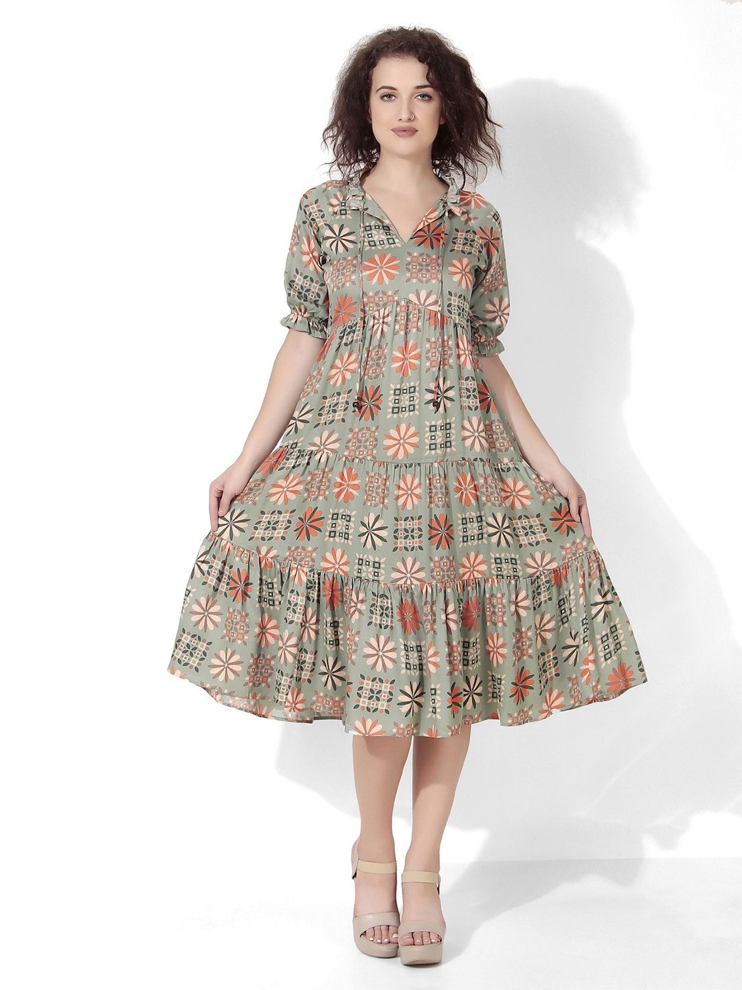 

Seryeon Floral Printed Tie Up Neck Puff Sleeve Fit & Flare Midi Dress, Green