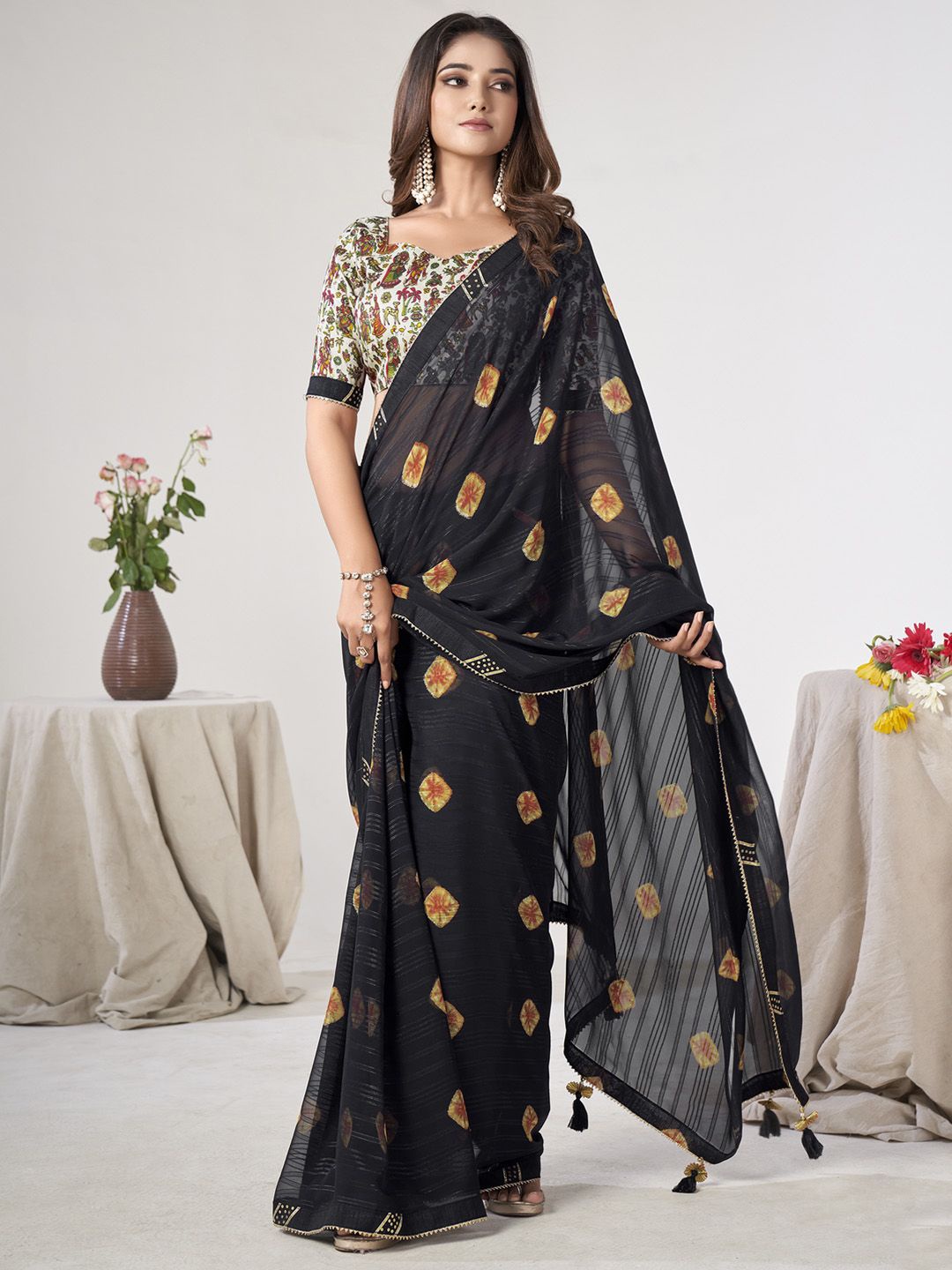 

Saree mall Gotta Patti Poly Georgette Sarees, Black