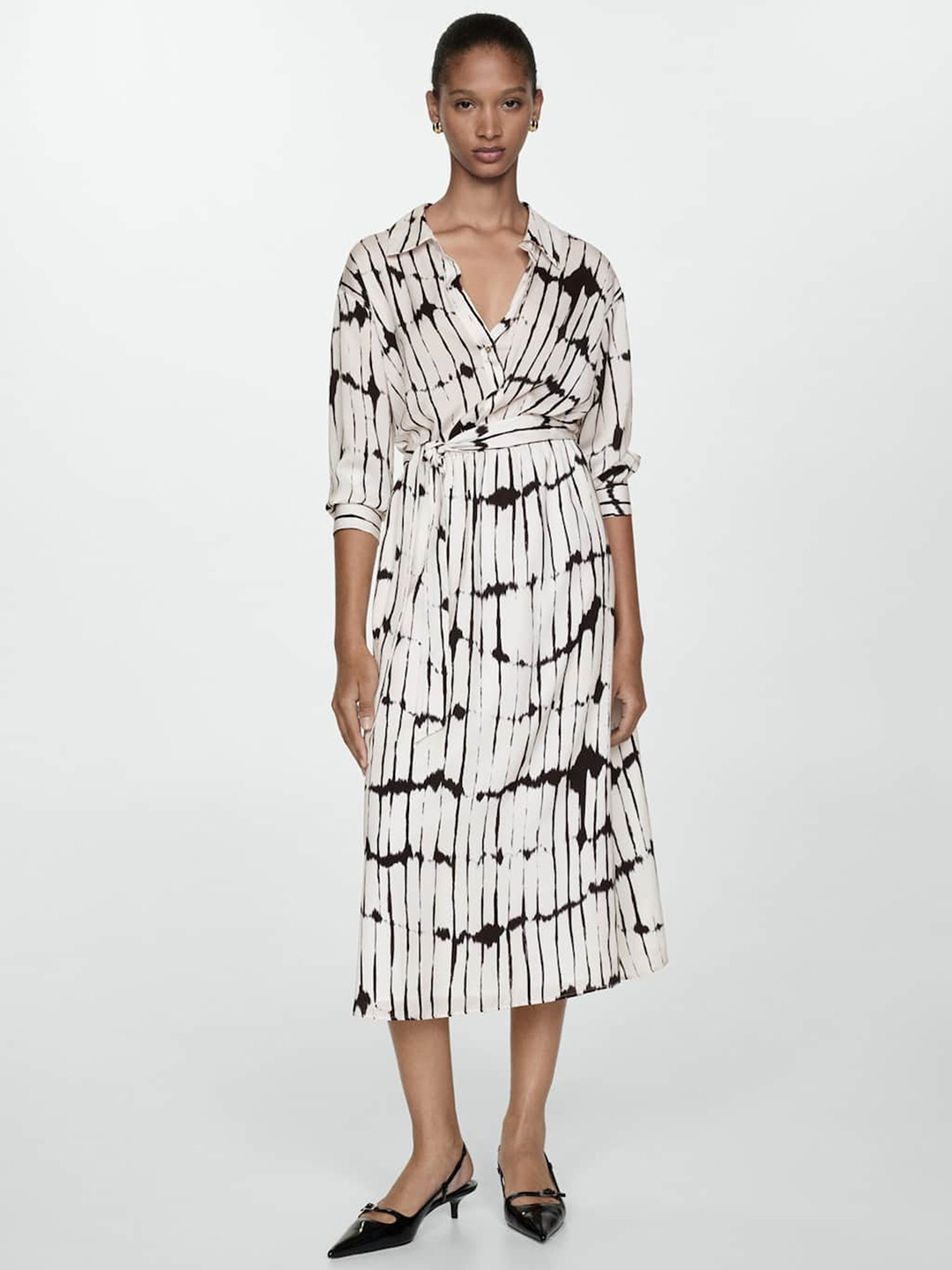 

MANGO Printed Belted Shirt Midi Dress, Black