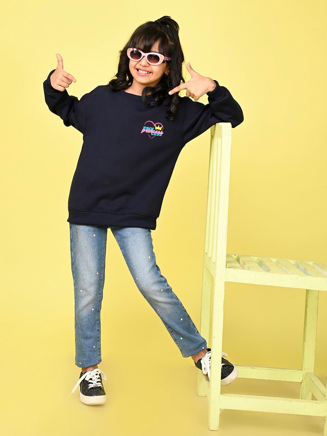 

NUSYL Girls Typography Printed Oversized Sweatshirt, Navy blue