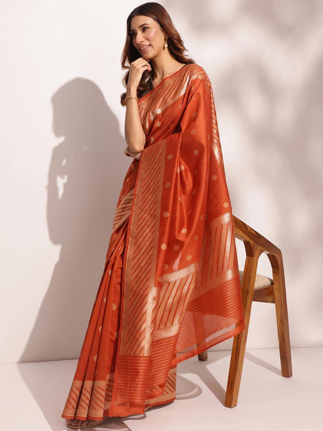 

Fabindia Ethnic Motifs Woven Design Zari Saree, Rust