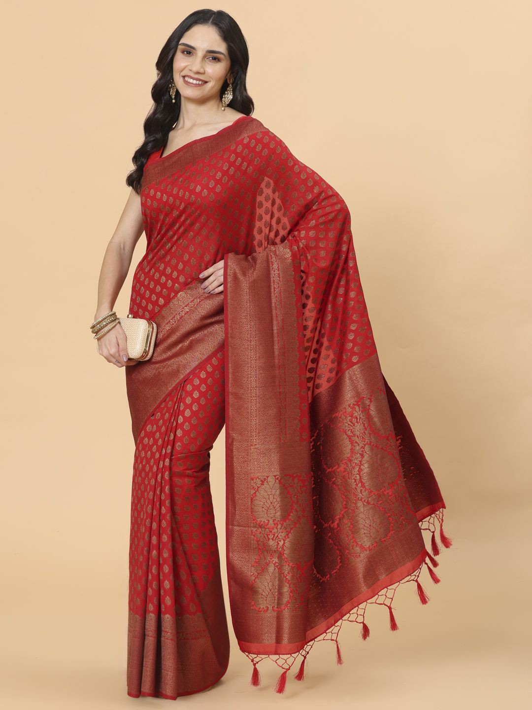 

Meena Bazaar Ethnic Motifs Zari Saree, Red