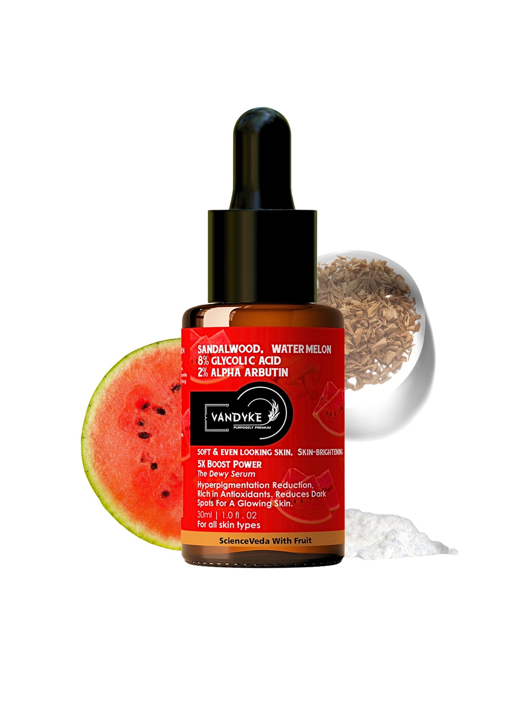 

VANDYKE Sandalwood, & Watermelon With 8% Glycolic Acid, 2% Alpha Arbutin Face Serum- 30ml, Red