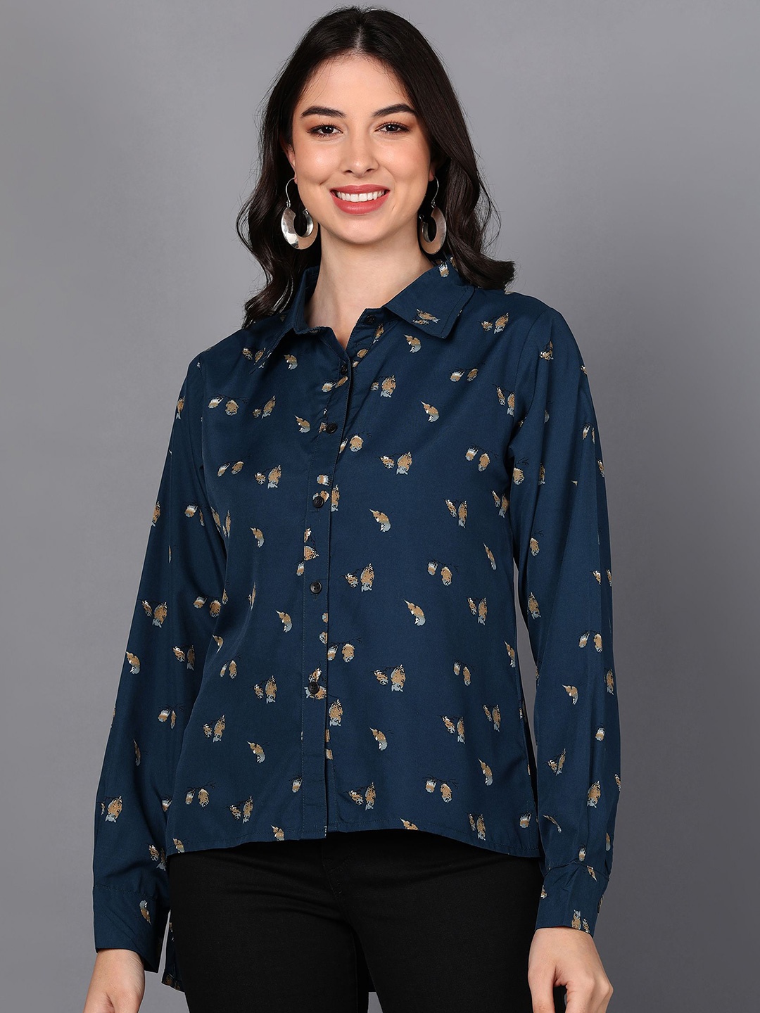 

Murcia Print Mandarin Collar Crepe Top, Blue