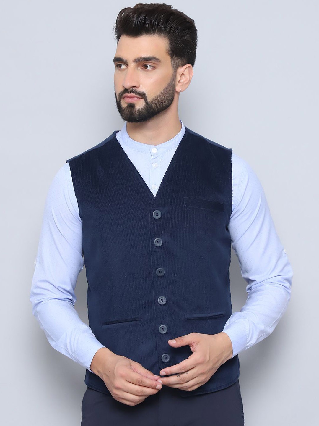 

EVEN LEISURE APPARELS Woven Design V Neck Waistcoat, Navy blue