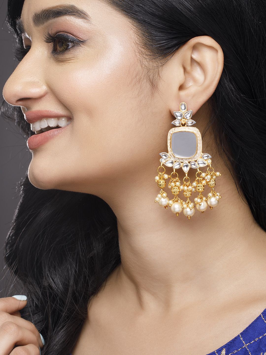 

Rubans 22K Gold-Plated Kundan and Pearl Chandelier Earrings with Grey Stone Accent