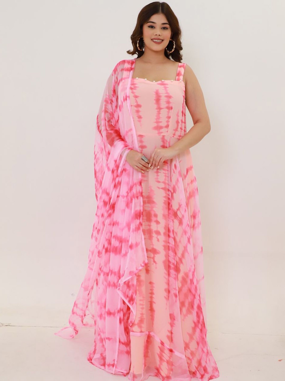 

Swadeshi Shringaar Tie and Dye Ethnic Dress With Dupatta, Pink