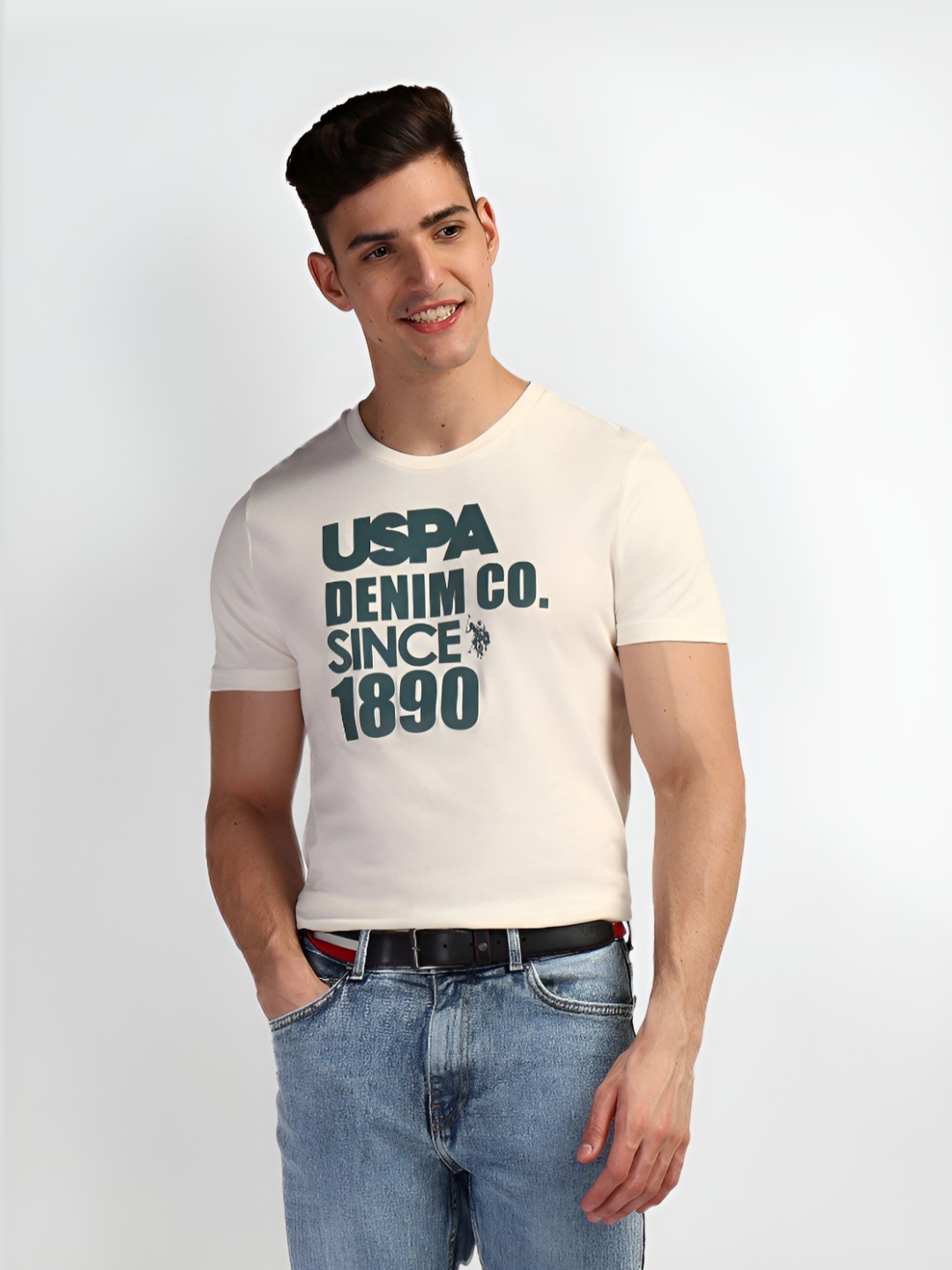 

U.S. Polo Assn. Denim Co. Men Typography Printed Round Neck Cotton Slim Fit T-Shirt, White