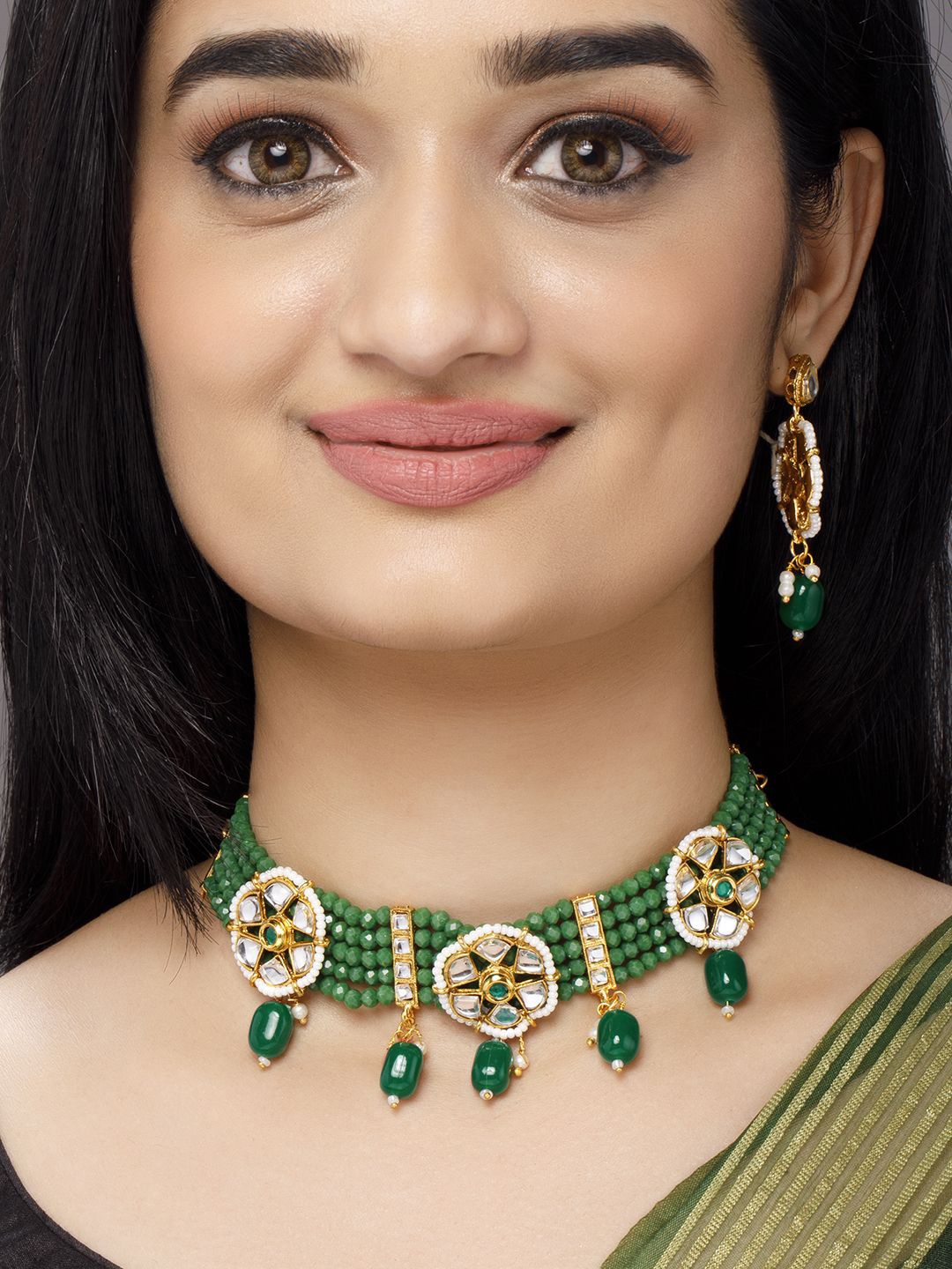 

Rubans 22K Gold-Plated Green Beaded Kundan Choker Jewelry Set with Earrings