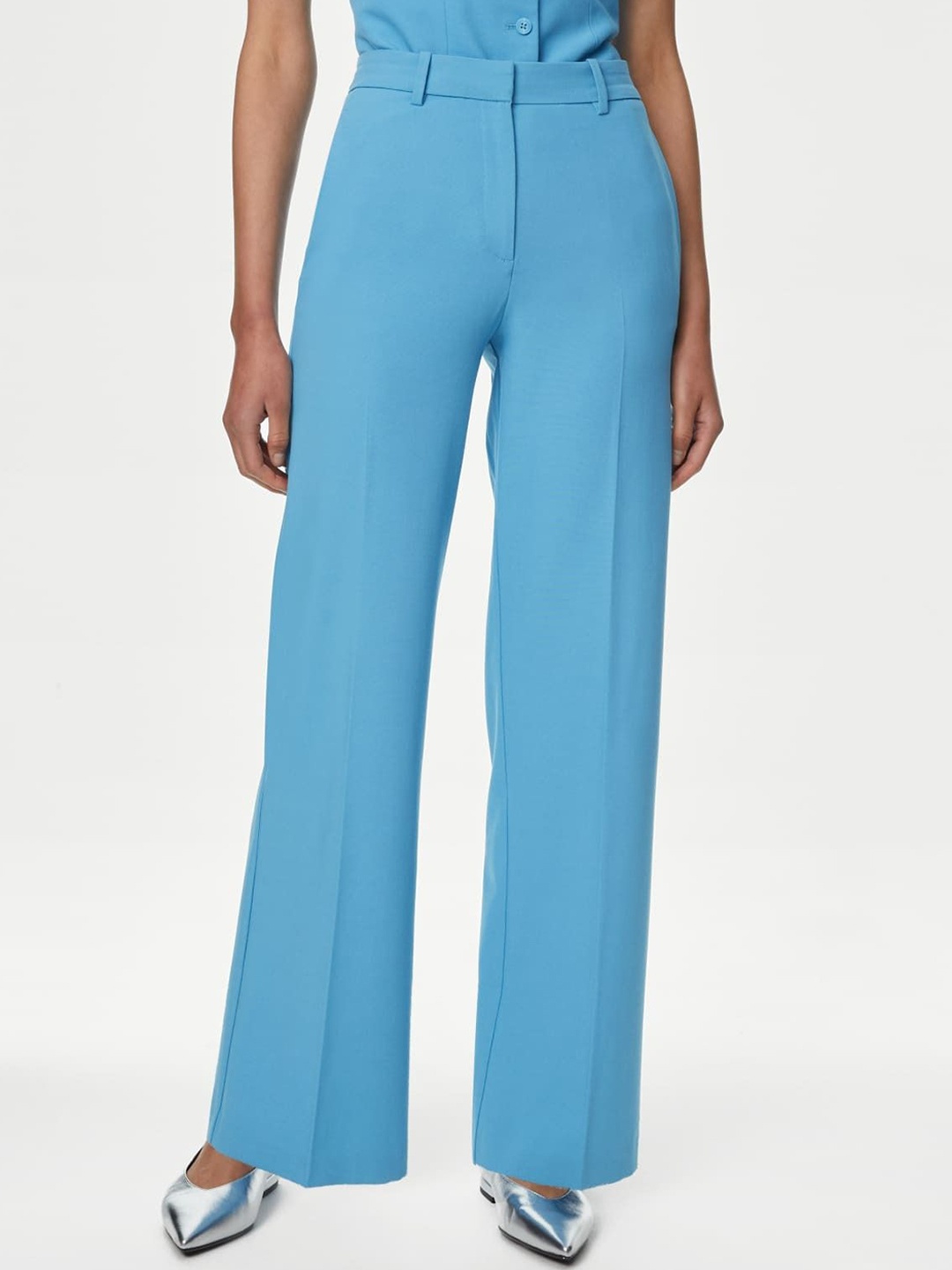 

Marks & Spencer Women Solid Flared High-Rise Trousers, Blue