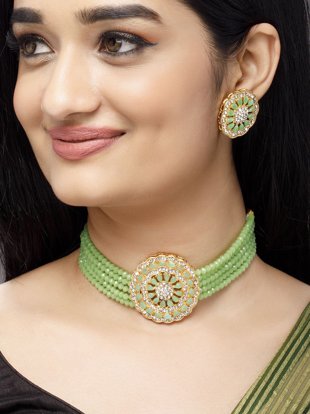 

Rubans 18K Gold-Plated Mint Green and White AD Studded Beaded Choker Jewellery Set
