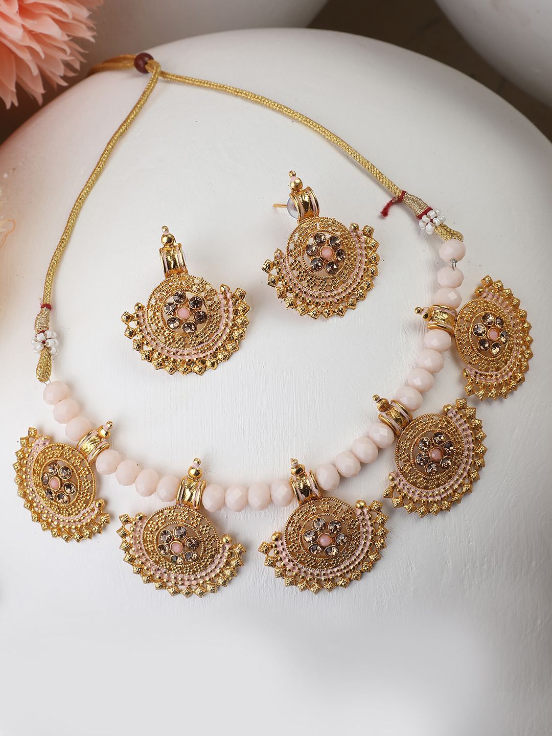 

MODE MANIA Gold Plated Stone Studded & Beaded Cresscent Shaped Jewellery Set