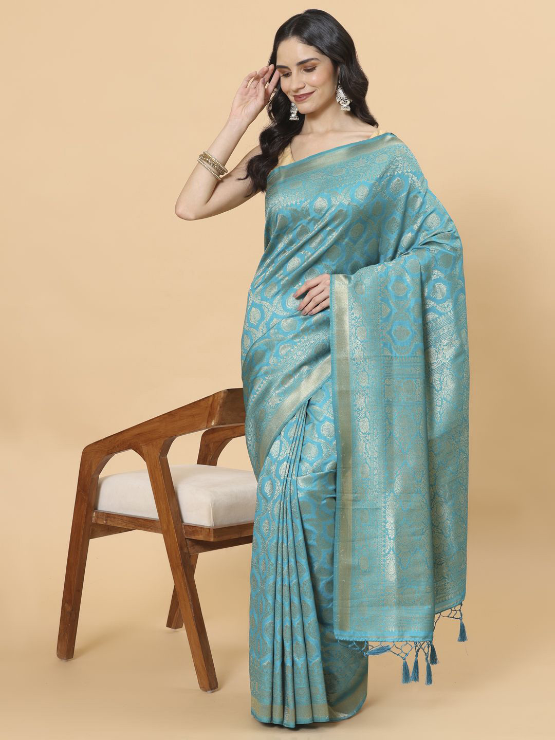 

Meena Bazaar Ethnic Motifs woven design Zari Art Silk Saree, Blue