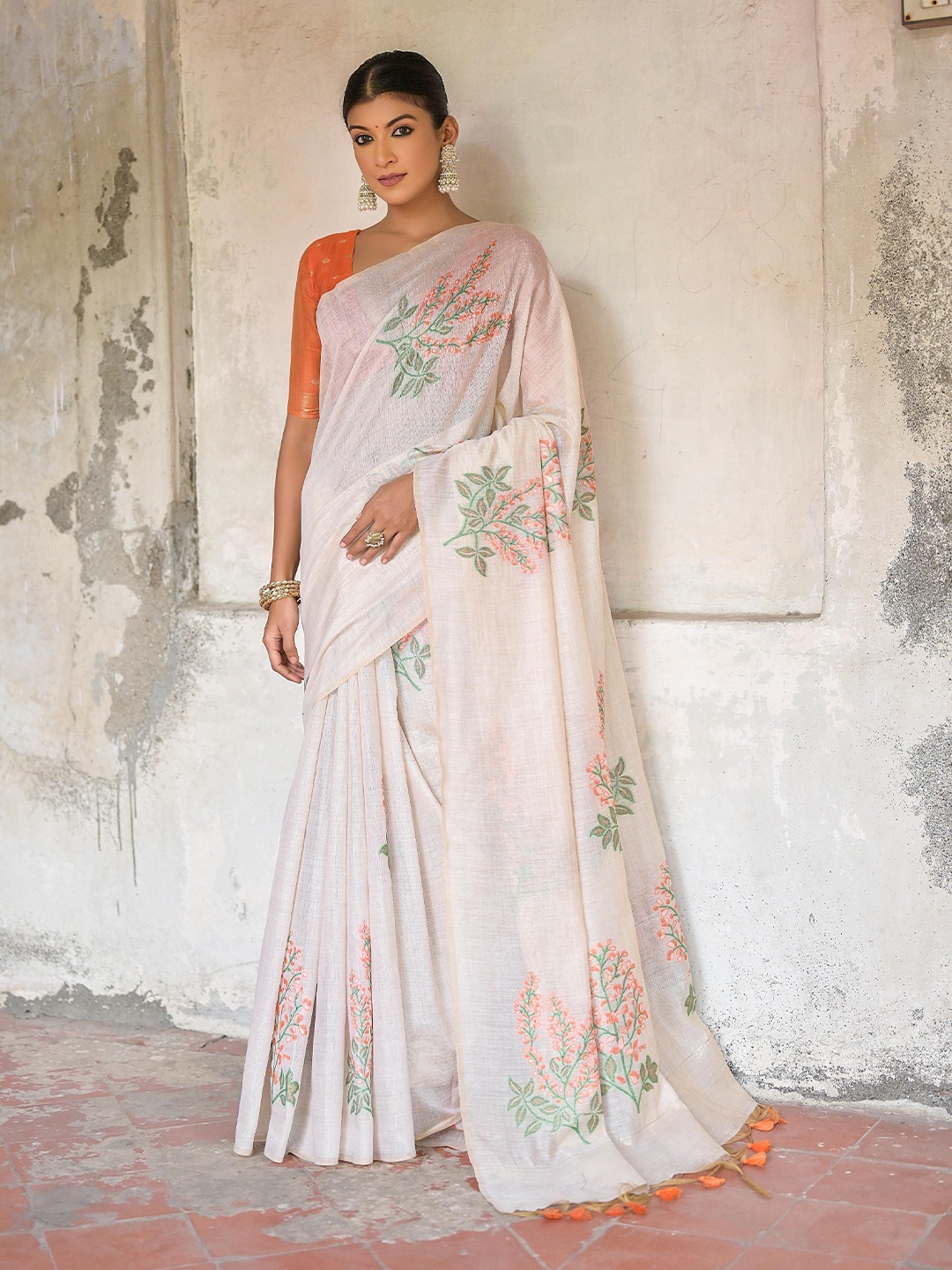 

GAJARAI Floral Muga Ice White & Orange Muga Cotton Woven Saree, Cream