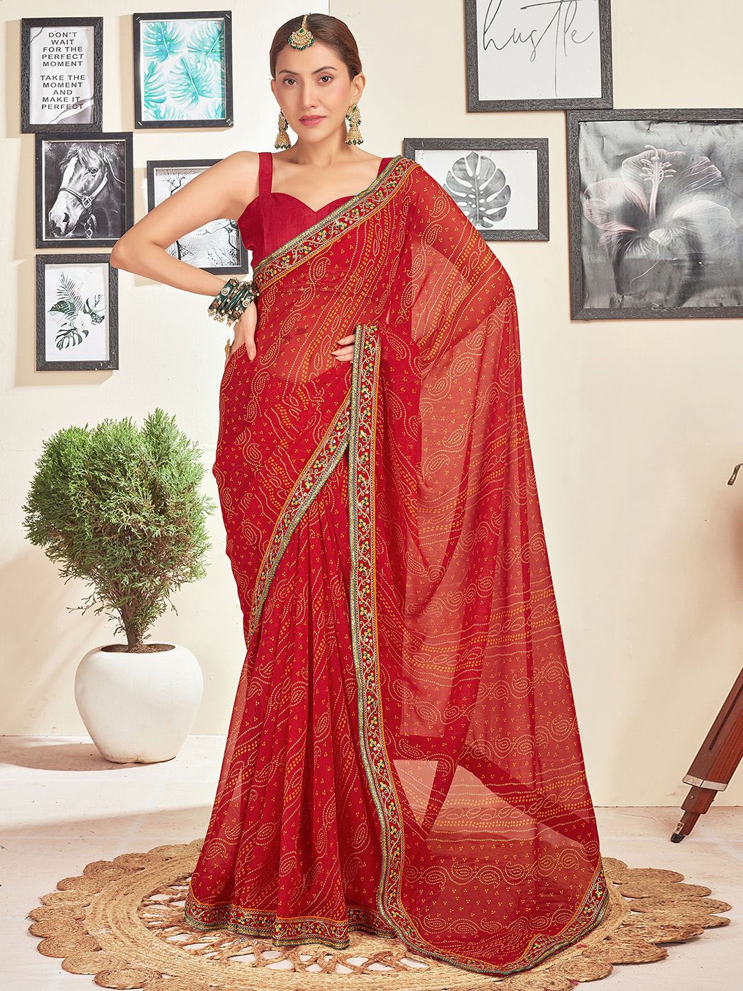 

all about you Bandhani Sequinned Pure Georgette Bandhani Saree, Red