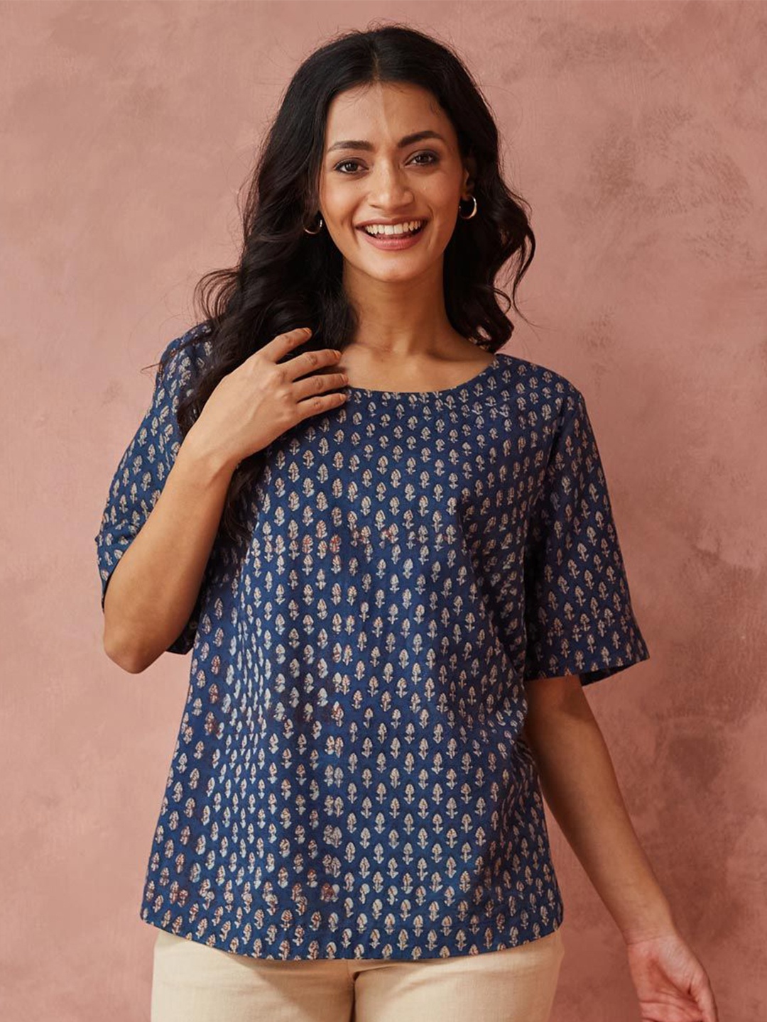 

Fabindia Print Cotton Top, Blue