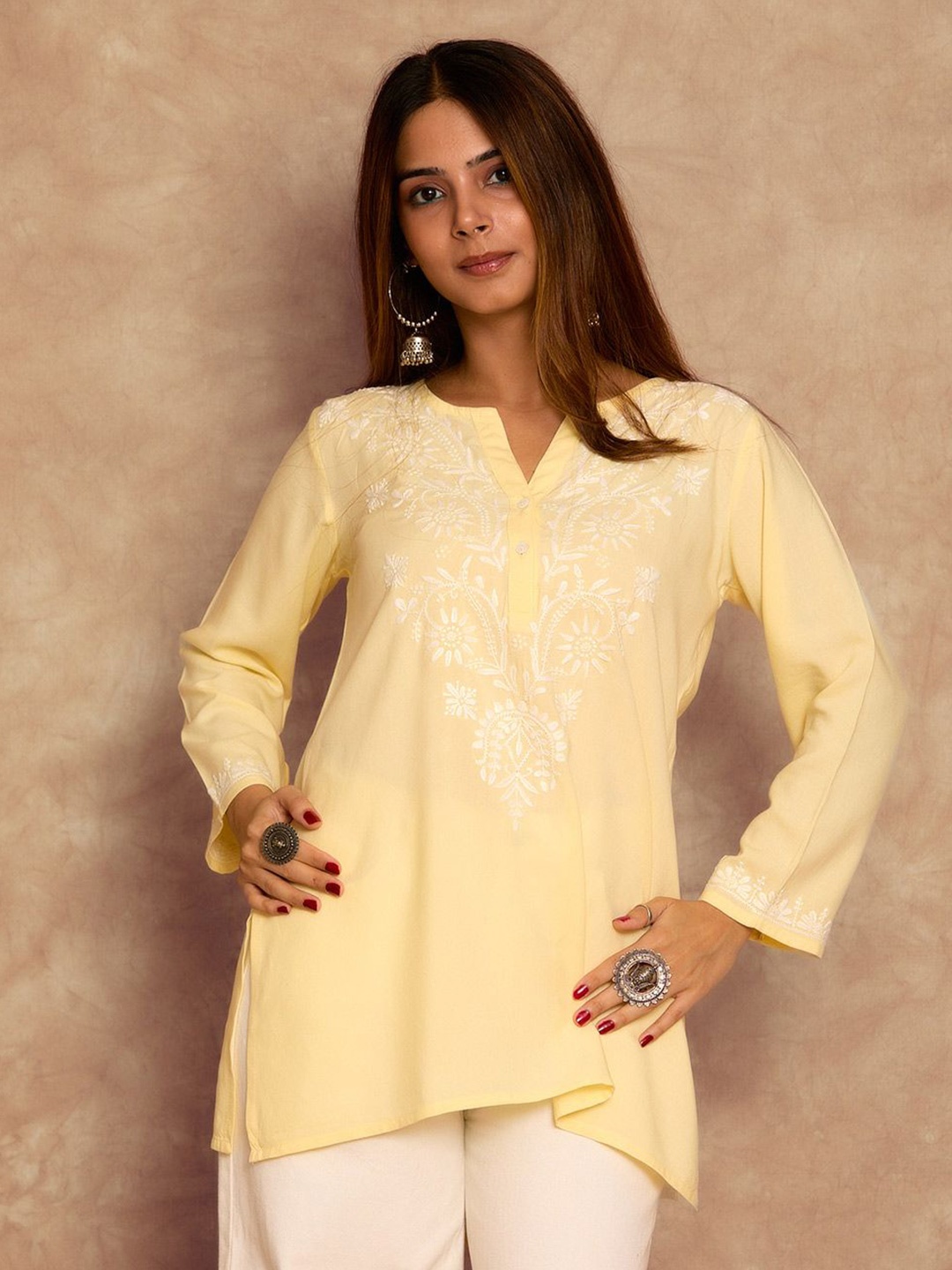 

House of Chikankari Floral Embroidered Straight Kurti With Trouser, Yellow