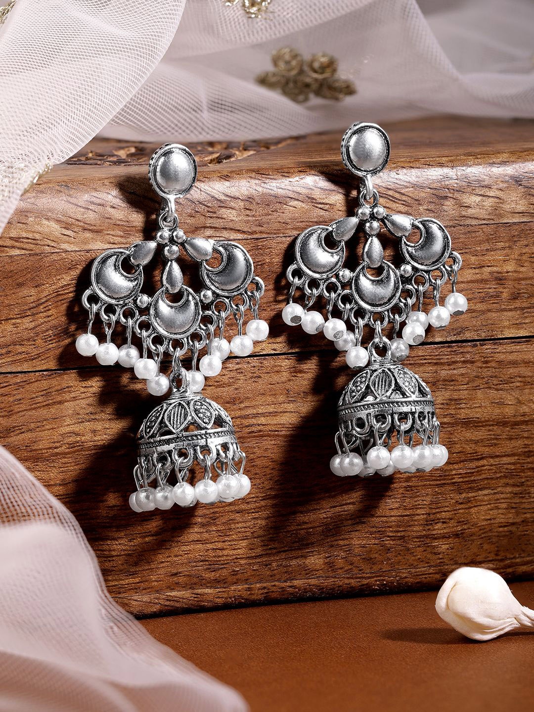 

Rubans Oxidised Silver-Plated Handcrafted Dome-Shaped Jhumkas with Pearl Accents